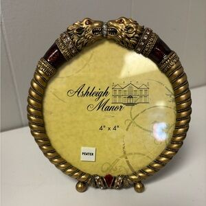 Ashleigh Manor Pewter Jewelled Pewter Frame Gold Lions Enameled 4x4” EUC Heavy